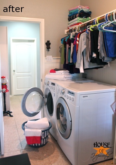 Laundry room shelves store with hanging rod